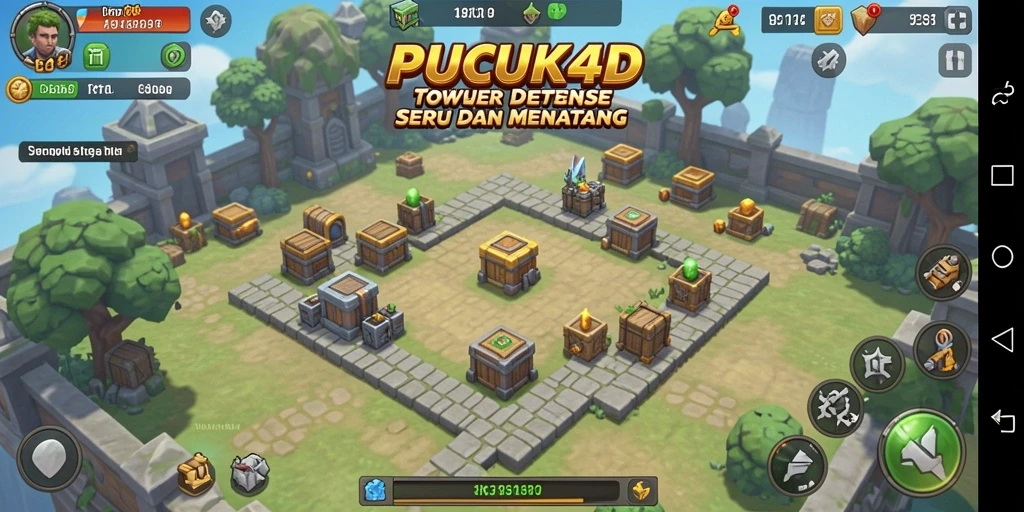 Screenshot gameplay PUCUK4D menampilkan pertahanan tower yang megah.