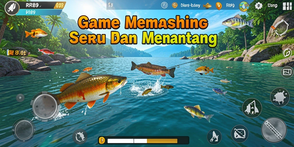 Screenshot gameplay RR89 menampilkan aksi memancing yang menegangkan.
